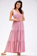 Robe de jour élégante en viscose rose pâle sans manches encolure V taille ajustée longue femme