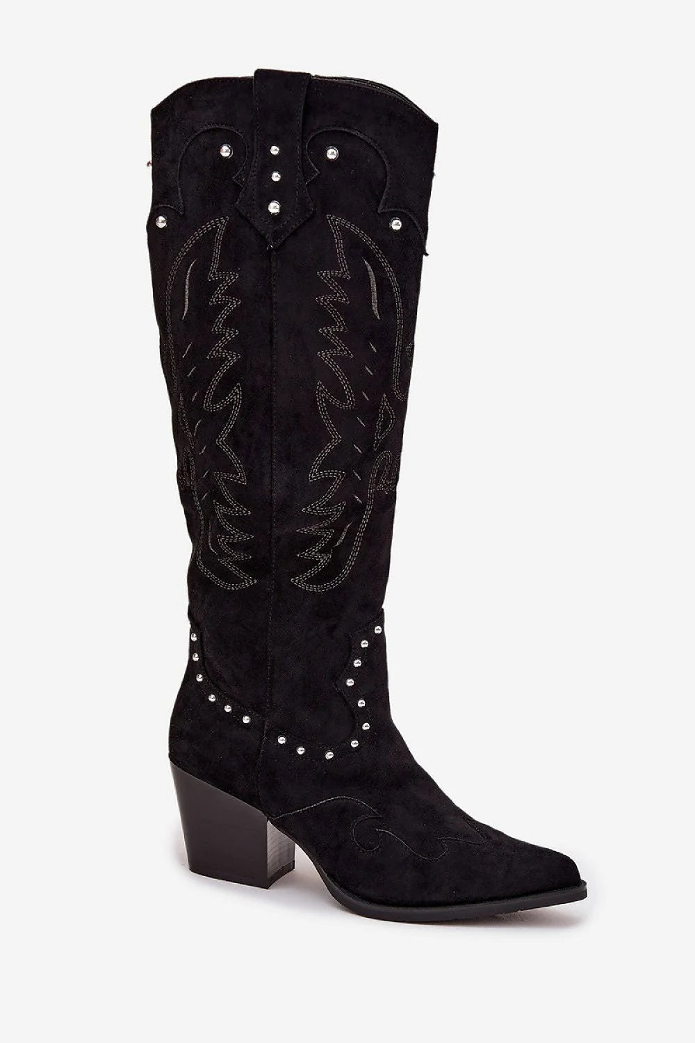 bottes cowboy femme ecodaim suededoux tigehaute broderiesmonochromes clous argentes boutpointu talon pilier mihaut silhouettefeminine fermetureeclair confortable intemporelles boheme western