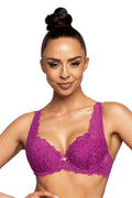 Soutien-gorge féminin rembourré dentelle floral fuchsia bretelles larges ajustables ornement doré maintien excellent lingerie sexy élégant occasion spéciale