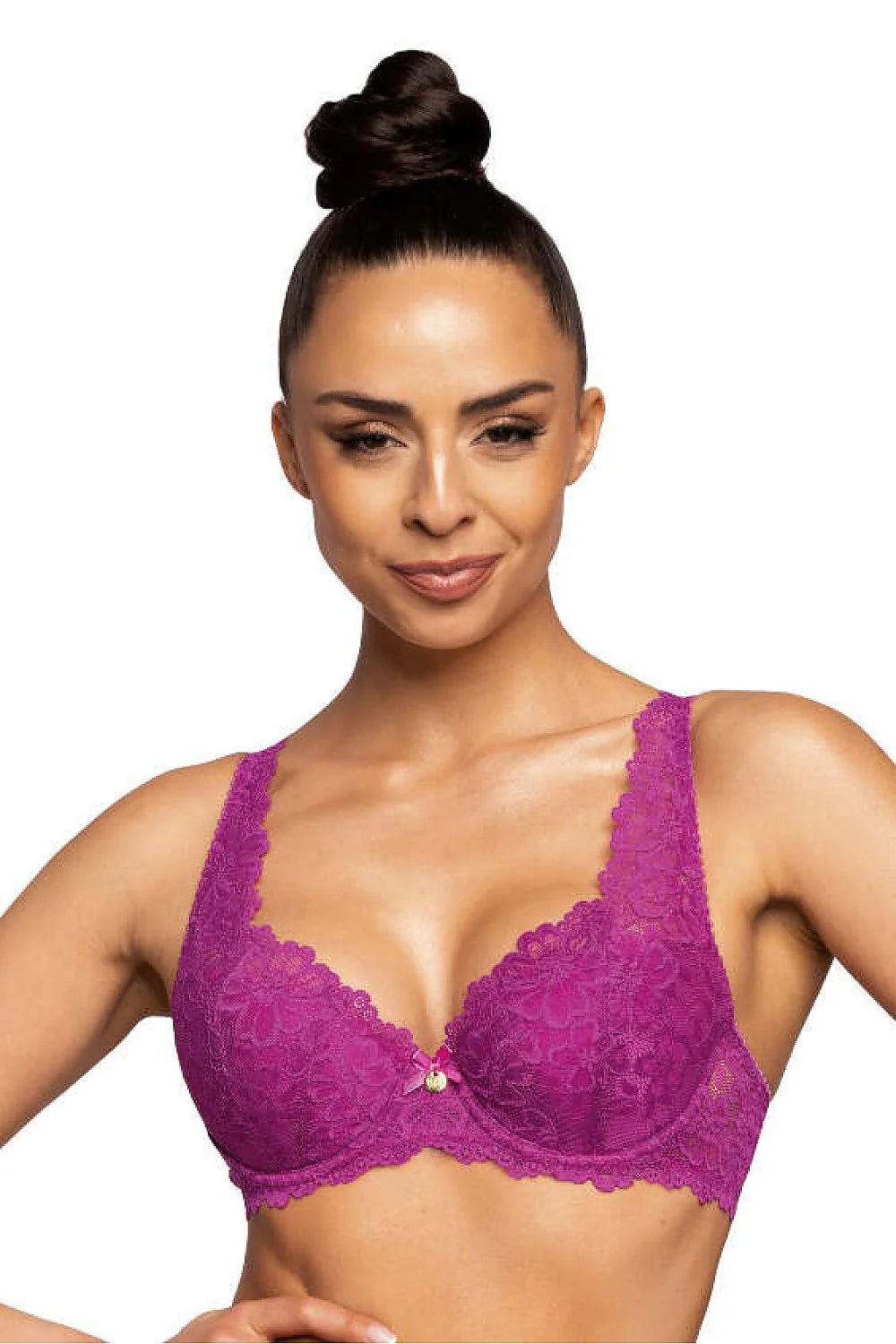Soutien-gorge féminin rembourré dentelle floral fuchsia bretelles larges ajustables ornement doré maintien excellent lingerie sexy élégant occasion spéciale