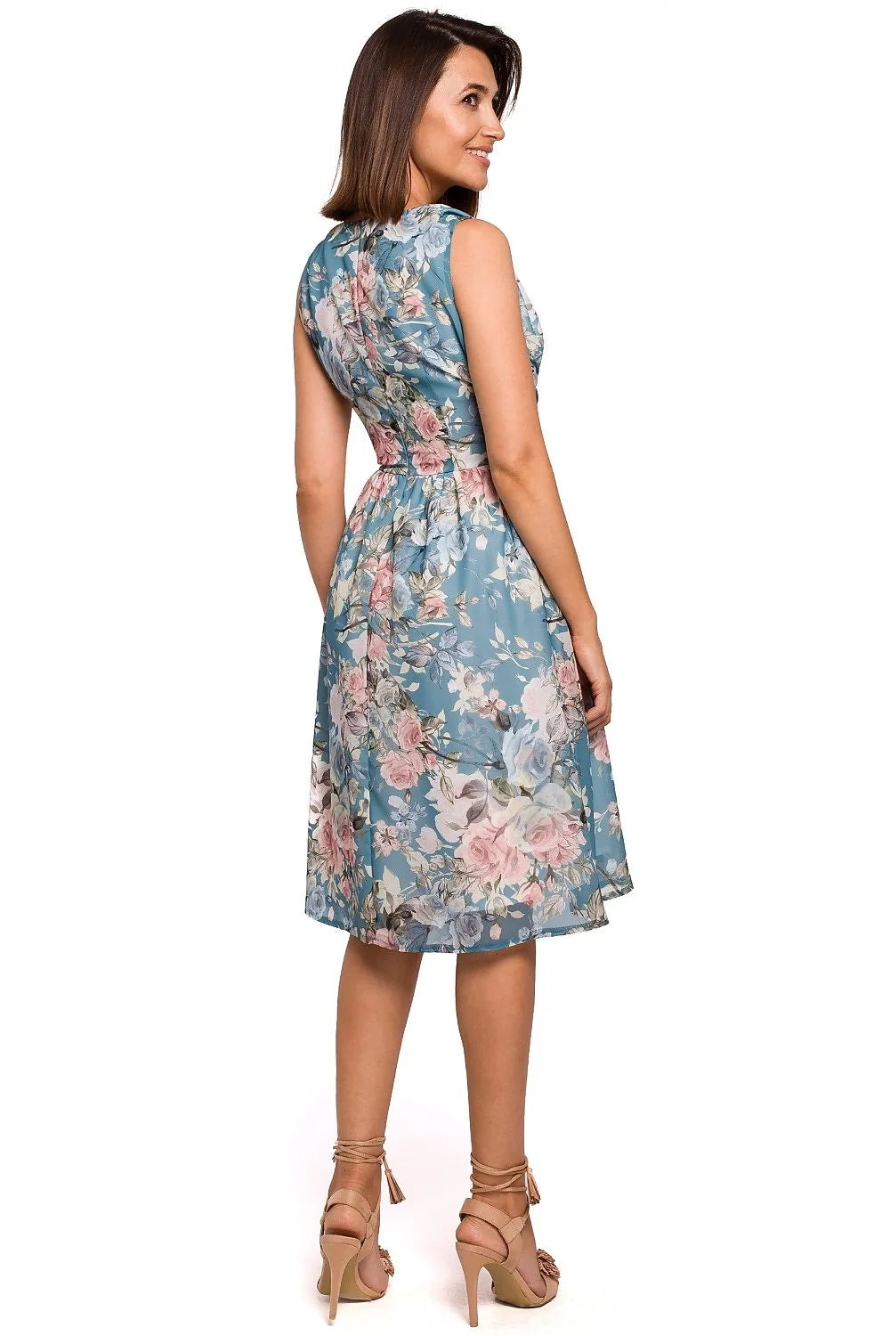 robe midi sans manches décolleté plongeant drapé froncé taille cintrée ceinture décorative tissu polyester fluide imprimé floral bleu pastel romantique