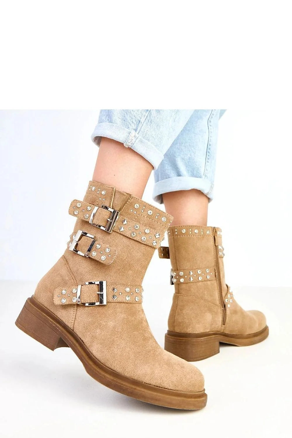 bottines femme cuir écologique suédé camel motard mi mollet bout rond talon bas confortable zippée latérale boucles argentées zircons brillants