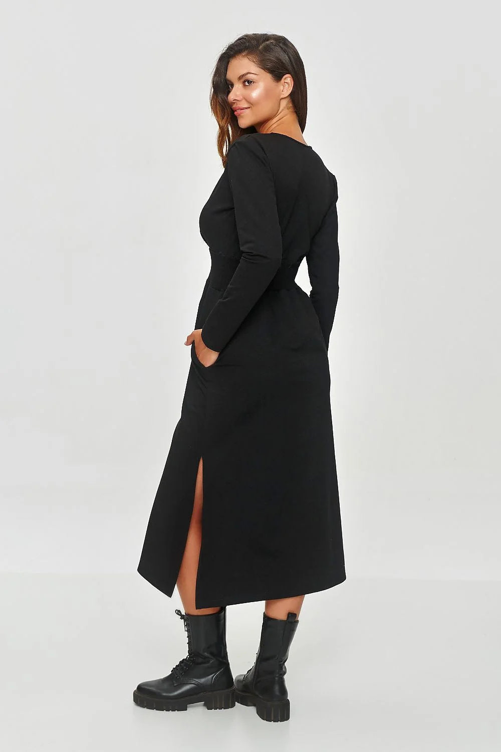 Robe élégante pour femme en jersey noir, manches longues, col en V, taille ajustable, robe midi évasée, occasionnels polyvalents