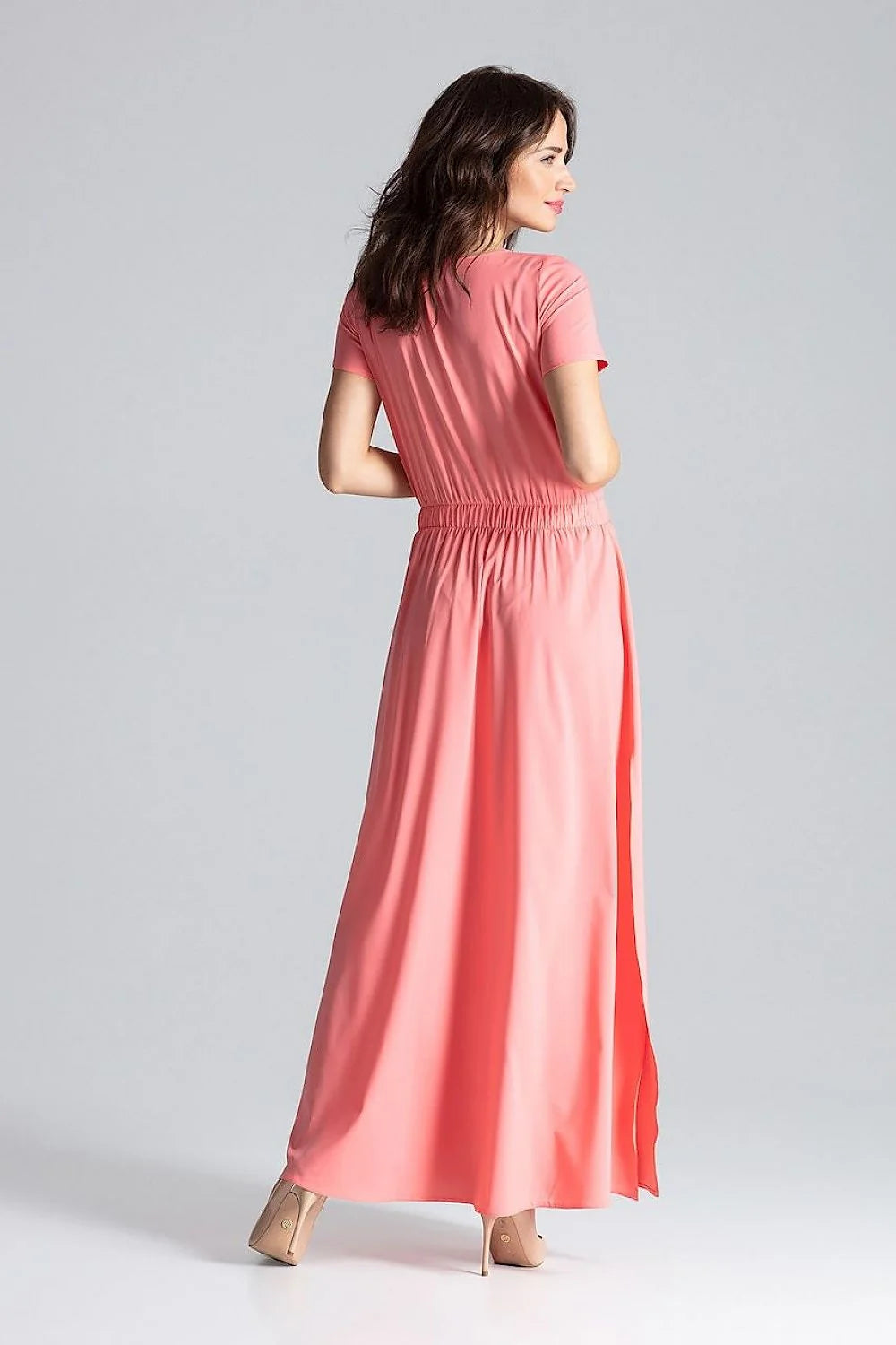 Robe longue pour femme manches courtes style épuré couleur rose saumon taille élastiquée sans fermeture ni poches mode été
