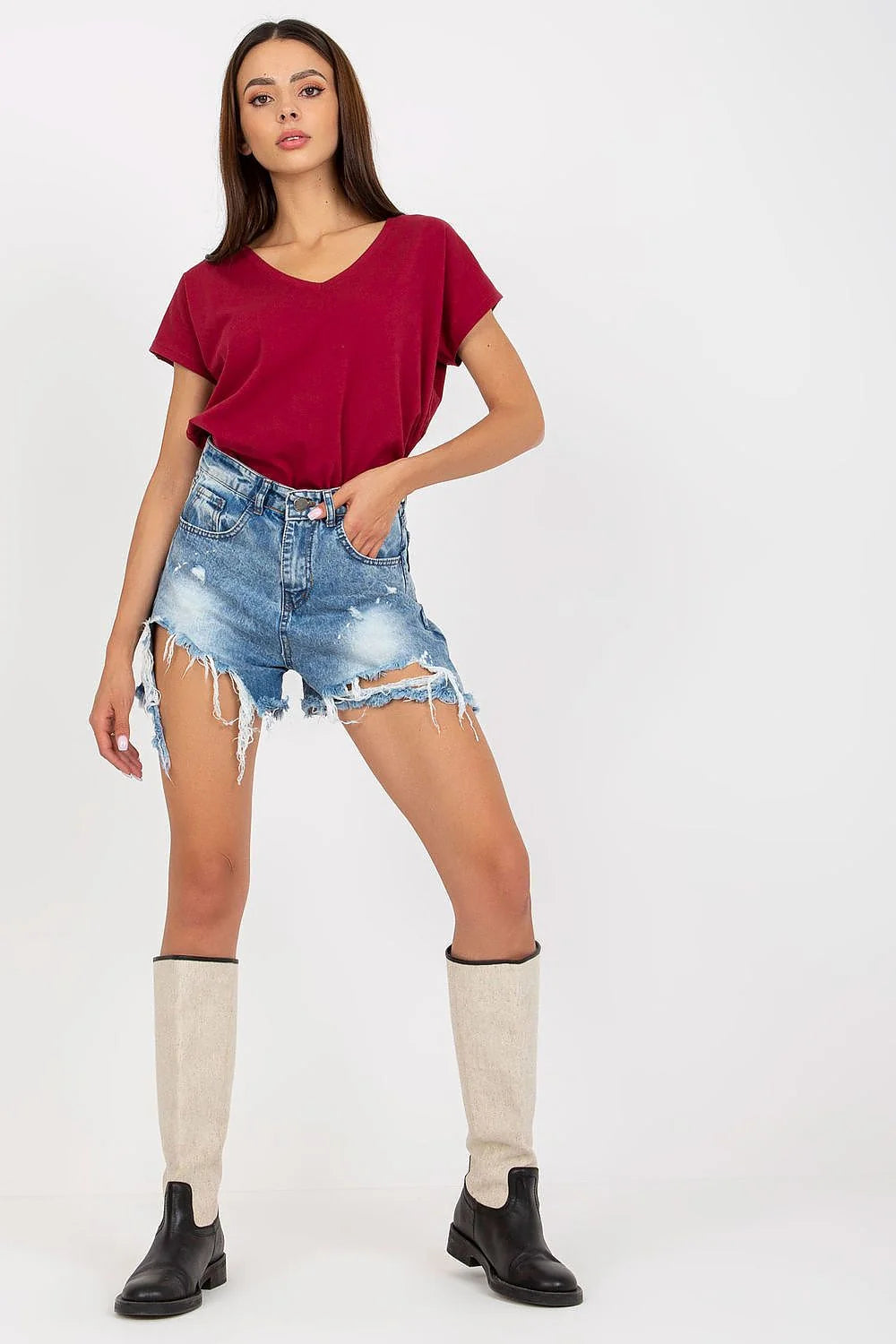 T-shirt femme décontracté couleur marron terre V-neck coton élasthanne loose quotidien