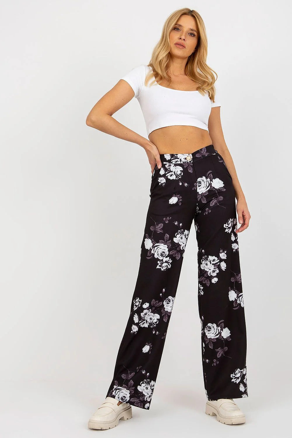 Ensemble femme crop top pantalon large motif floral coton élasthanne polyester taille haute occasion chic