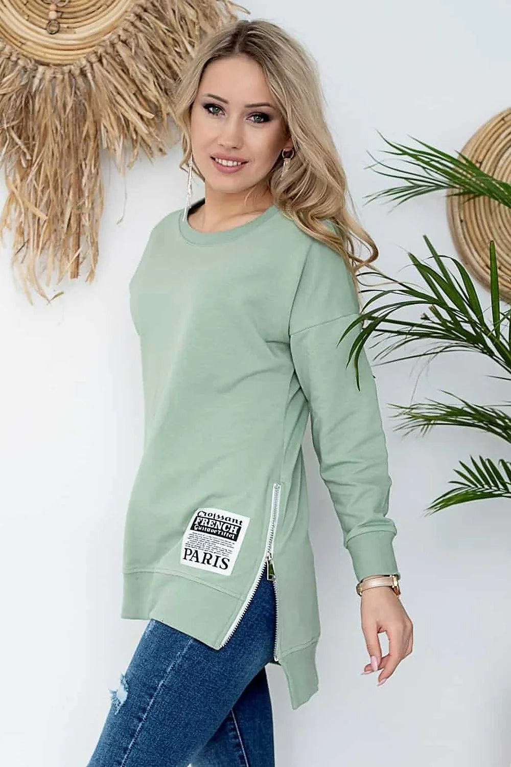 sweatshirt hajdan femme coupe longue oversize tunique vert menthe coton biologique elasthanne molleton doux manches longues zipper latéral