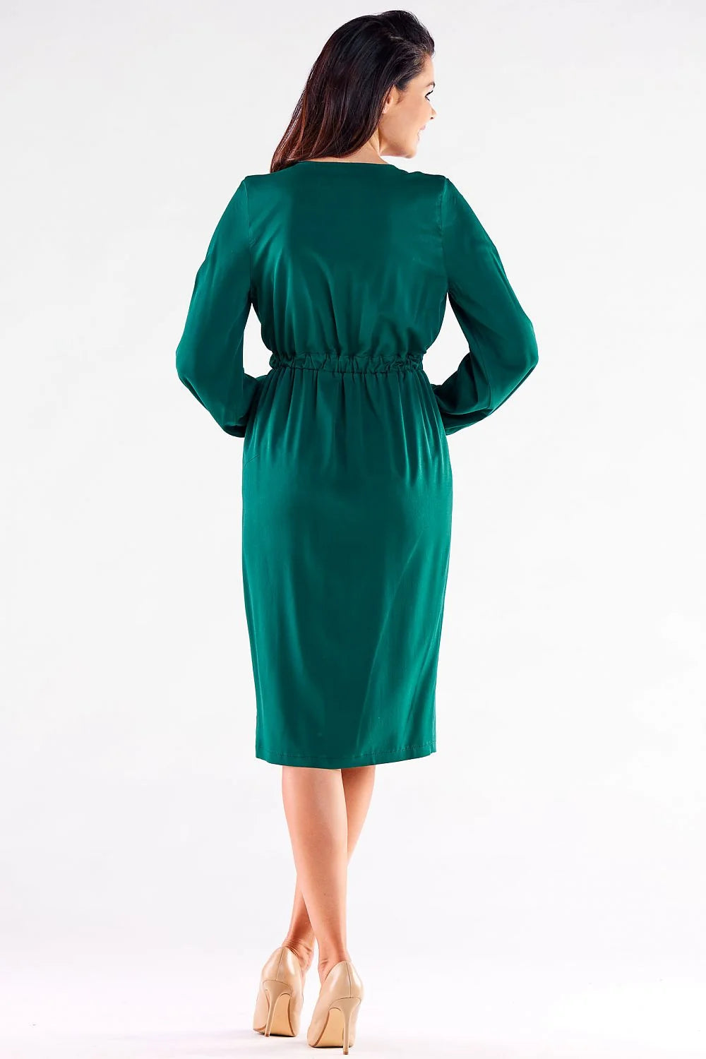 Robe de cocktail élégante longueur midi manches longues élastique vert émeraude femmes occasion formelle