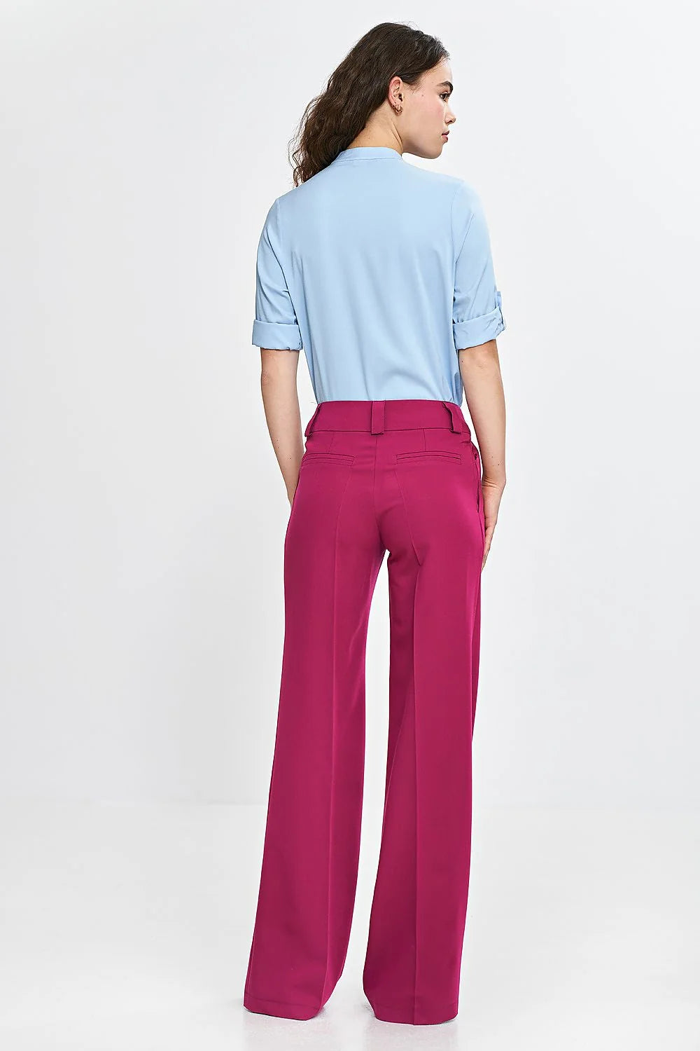 Pantalon long femme coupe ample taille haute magenta vif large leg ceinture passants fermeture glissante