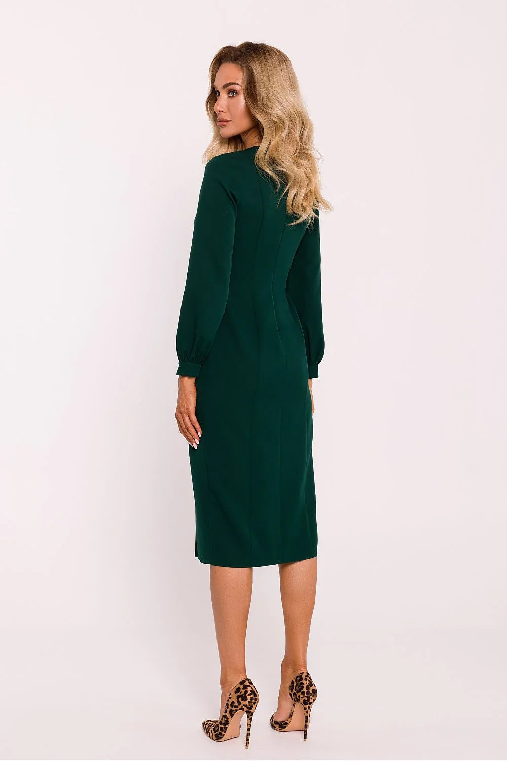 Robe midi élégante pour femme en vert profond manches bouffantes encolure carrée fente haute polyester ajustée occasionnels automne hiver