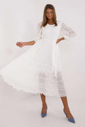 robe midi coton nylon plissé volants manches bouffantes trois quarts encolure ronde doublure ceinture nouée taille bohème mariage