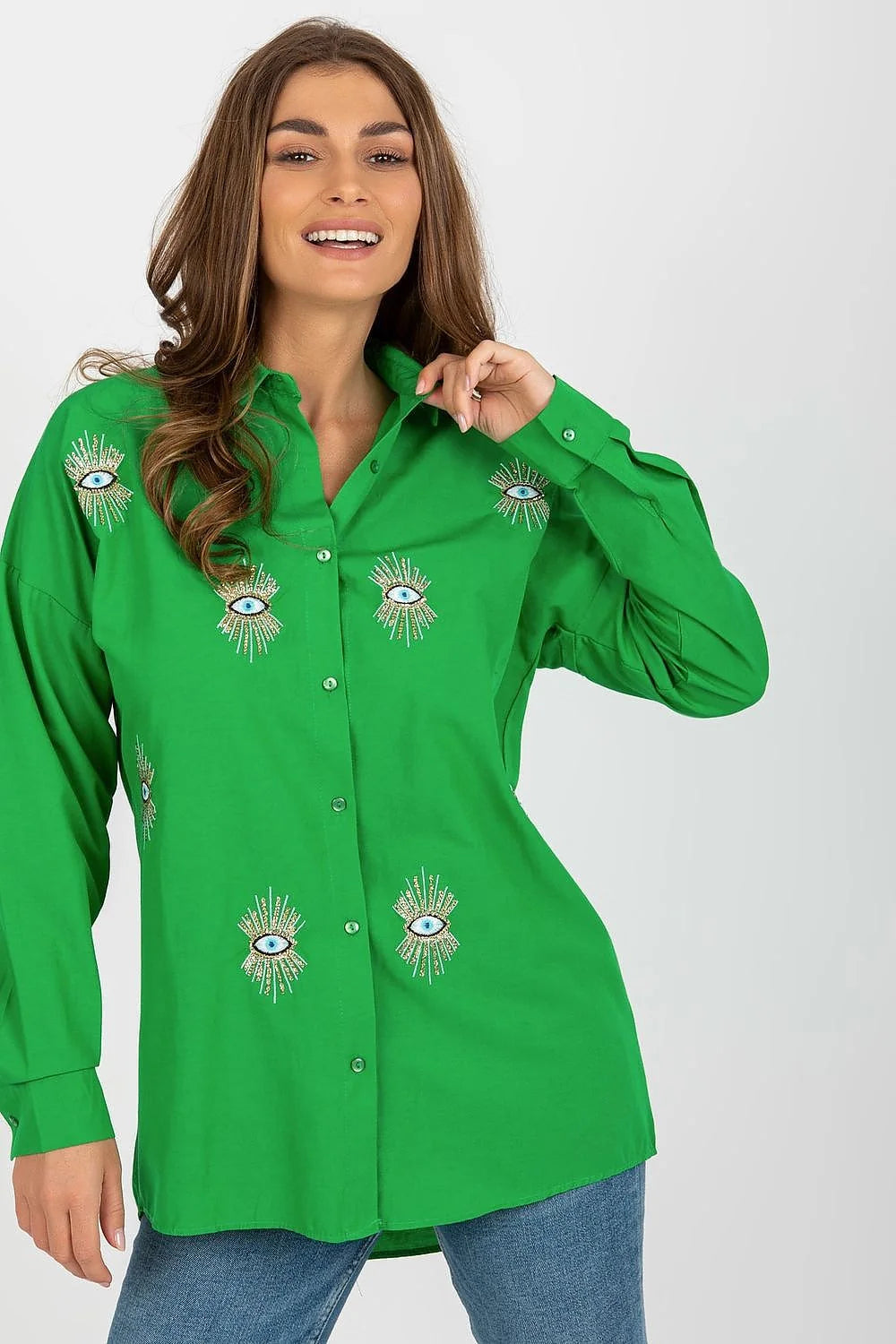 Chemise femme manches longues brodée yeux rayons dorés couleur verte vif ample confort idée cadeau mode unique