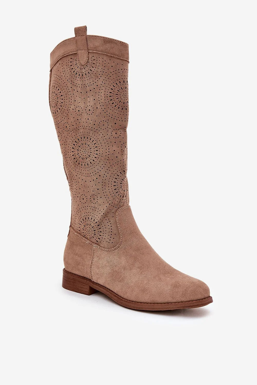 Bottes hautes pour femmes en daim taupe design élégant moderne perforations circulaires talon bas carré zip latéral