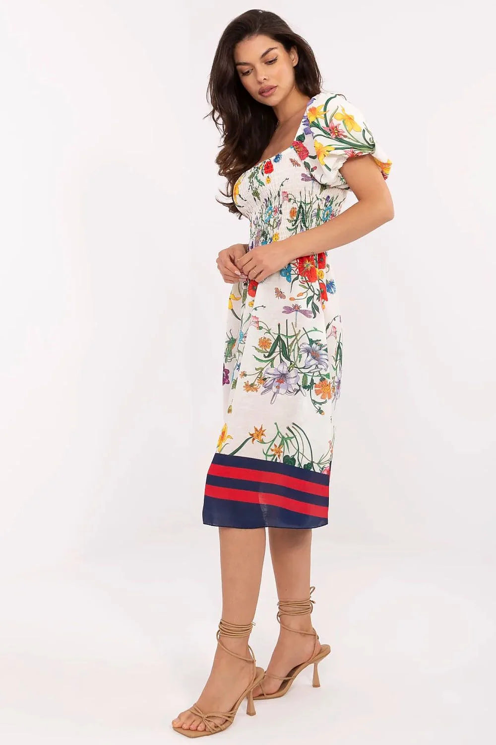 Robe d'été romantique en lin coton motif floral multicolore manches bouffantes col carré taille élastiquée robe A-line mi-mollet femme occasion été