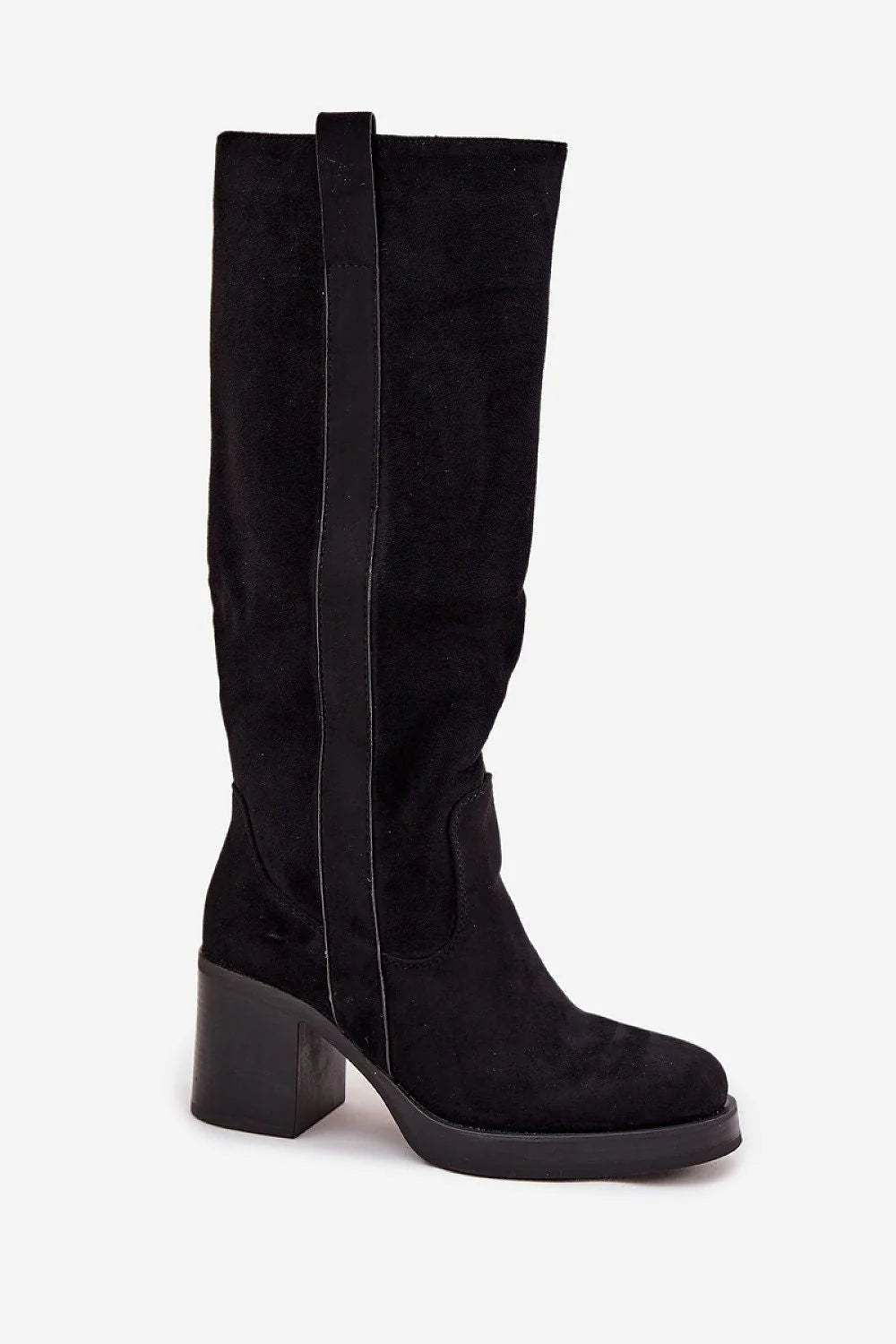 bottes femme suédine synthétique noir tige haute 37cm talon massif colonne bout arrondi fermeture zip doublure douce thermique
