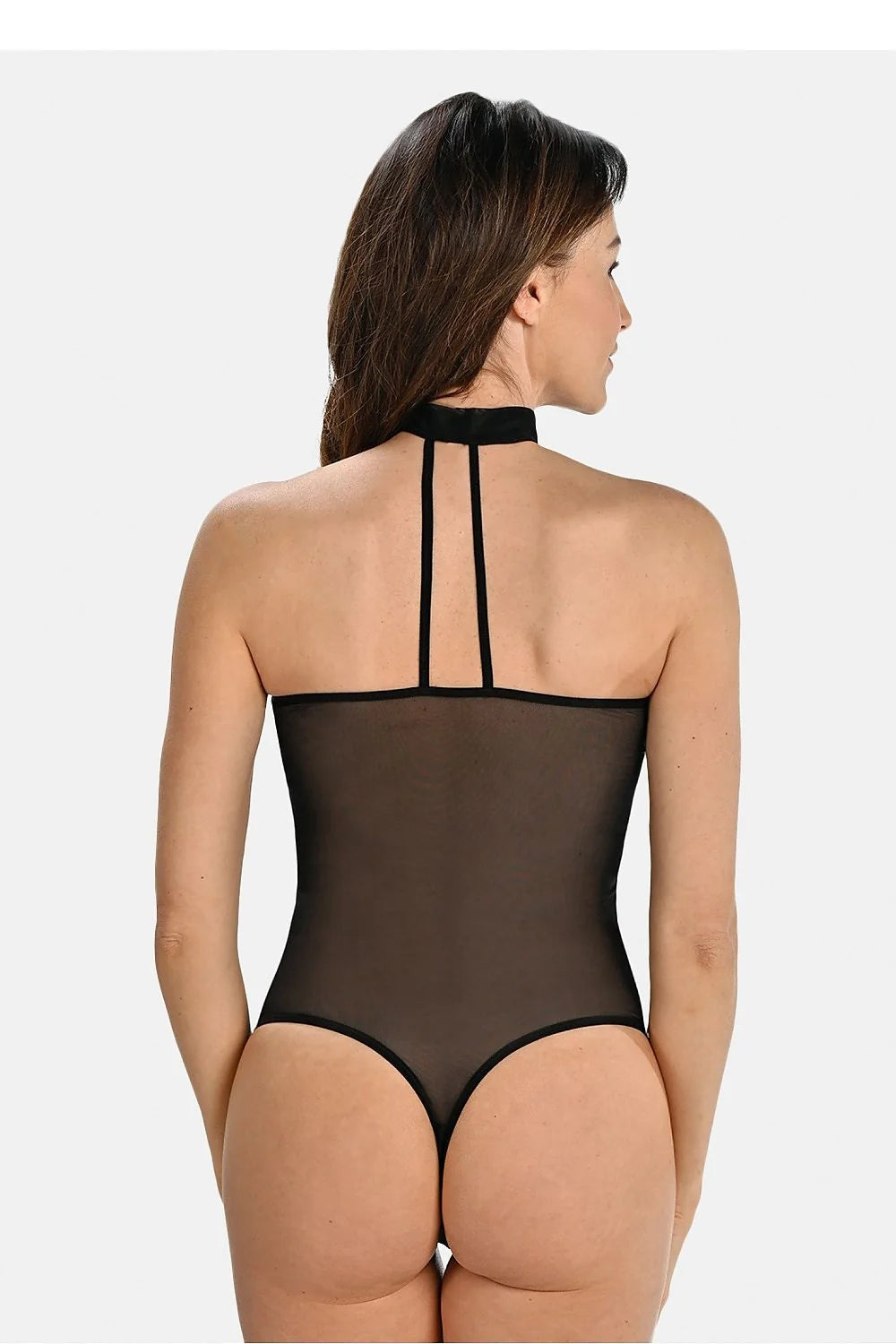 Teyli body sexy féminin moderne bandeau col choker encolure haute dos nu transparent mesh noir moulant