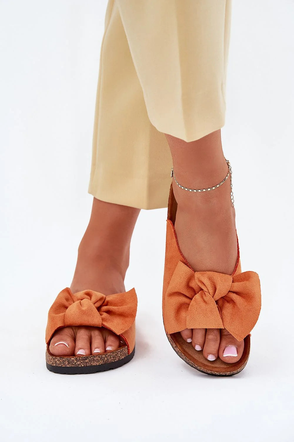 sandales femme suédine écologique orange terracotta semelle compensée liège légère anatomique rembourrée caoutchouc antidérapant nœud décoratif large ouvert maintien confortable