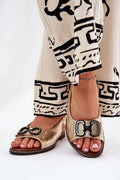 Sandales pour femmes Jezzi ouvertes à l'avant style élégant cuir doré métallisé talon plat semelle souple occasion soirée