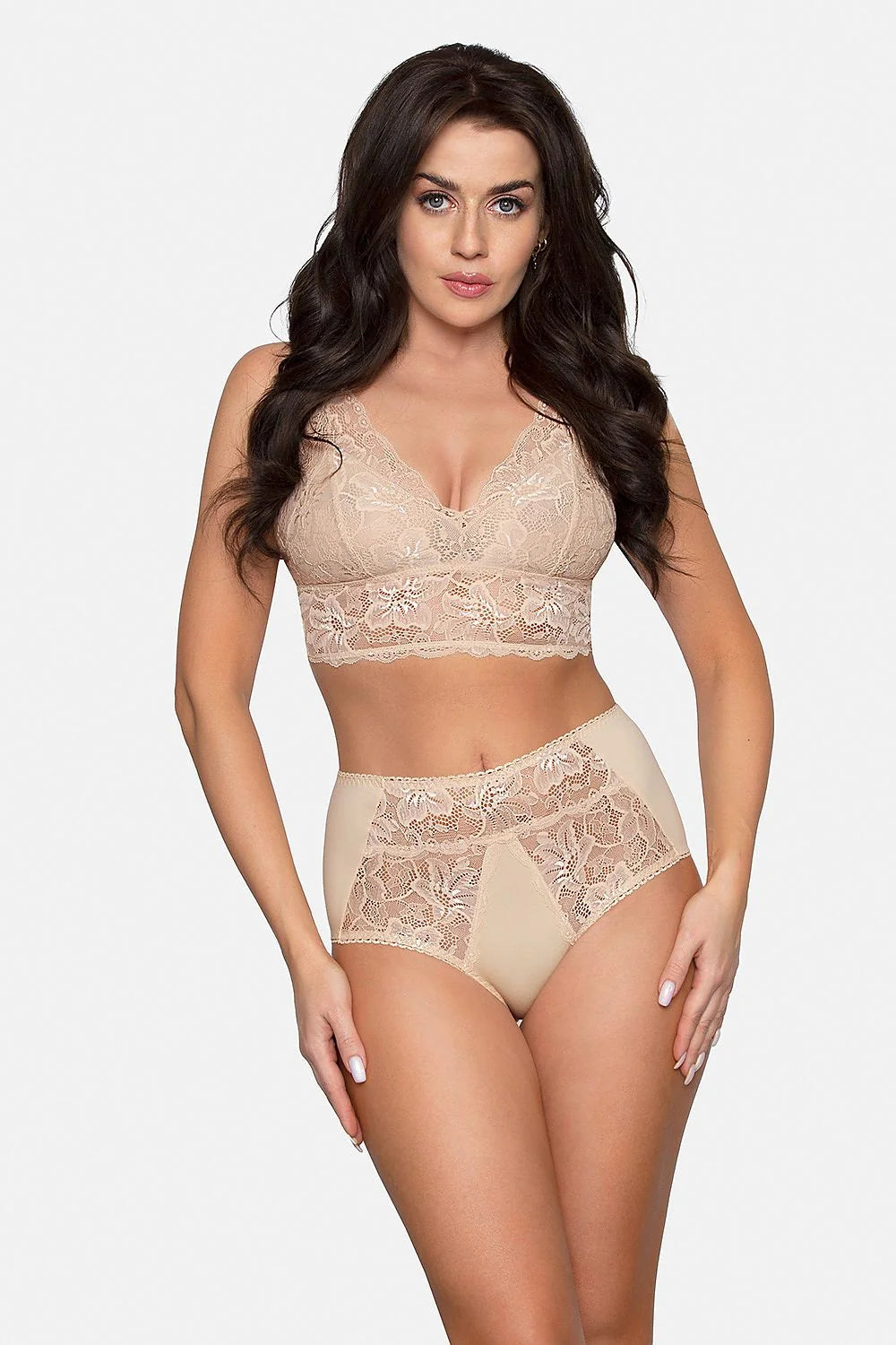 ensemble lingerie femme dentelle noire bralette longline sansarmatures maintien léger bande souspoitrine culotte taille haute gainante floral romantique coton élasthanne