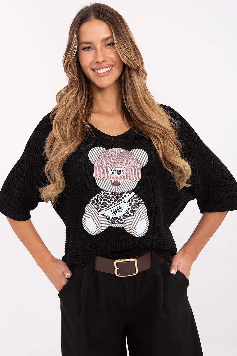 Pull décontracté pour femme motif ours en peluche manches courtes col V coton acrylique noir beige rose