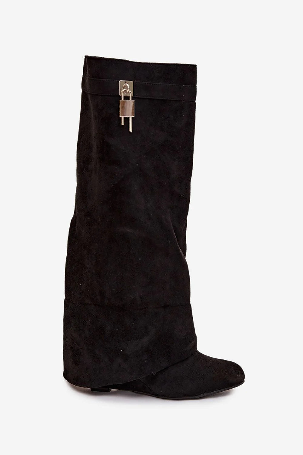 bottes femme suède écologique souples tige effet slouch plissée bout rond talon coin fermeture éclair revers sangle décorative métal argenté