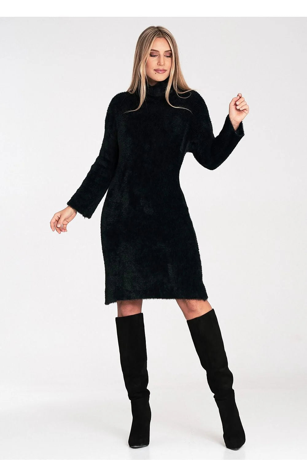 robe pull col roulé mi longue maille pelucheuse chenille noire manches longues coupe cintrée genou chaude confortable élégante féminine universelle