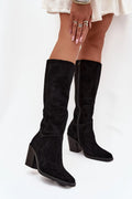 bottes femme cuir suédé noir talon pilier empilé maintien fermeture éclair bout arrondi confort tige mi mollet silhouette élancée