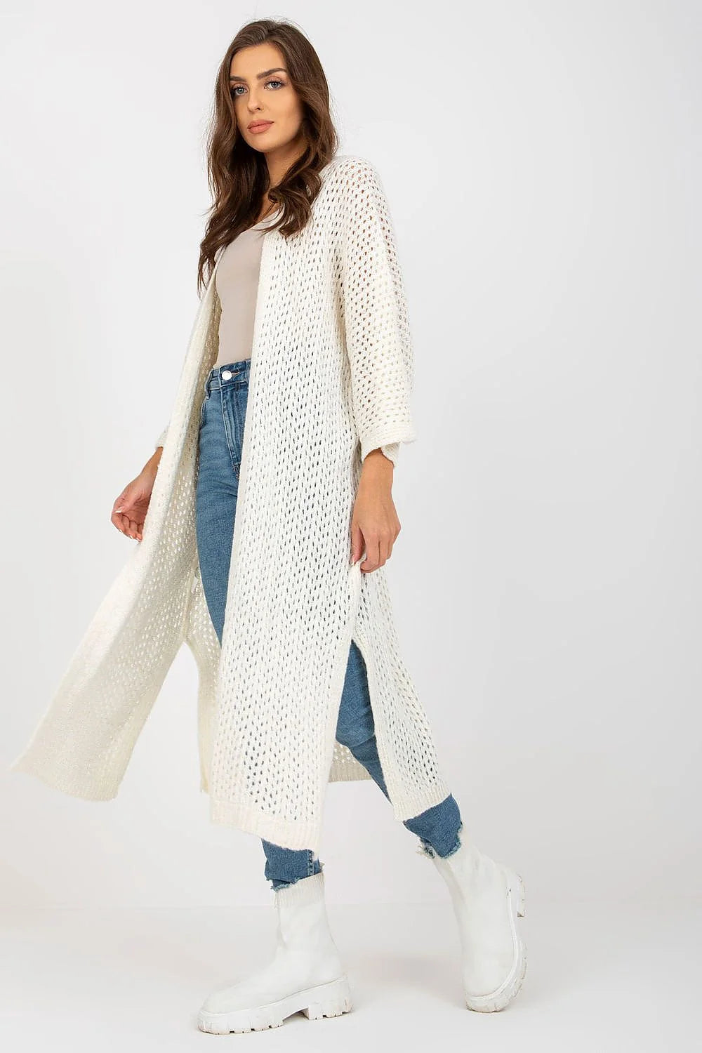 Cardigan long pour femme en tricot ajouré style bohème matières mixtes acrylique polyamide viscose laine