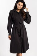 robe chemise midi noire ceinturée col classique boutonnage dissimulée manches longues poignets boutonnés taille cintrée jupe évasée popeline polyvalente élégante