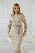 Robe de jour féminine en jersey jacquard extensible beige matelassé manches 3/4 ceinture ajustable pour femmes matures tailles plus