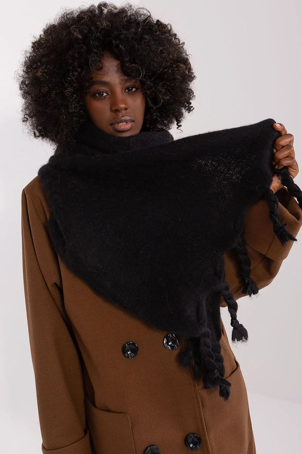 Ensemble manteau écharpe Automne Hiver marron noir laine mixte femmes longueur classe élégance poches boutons franges