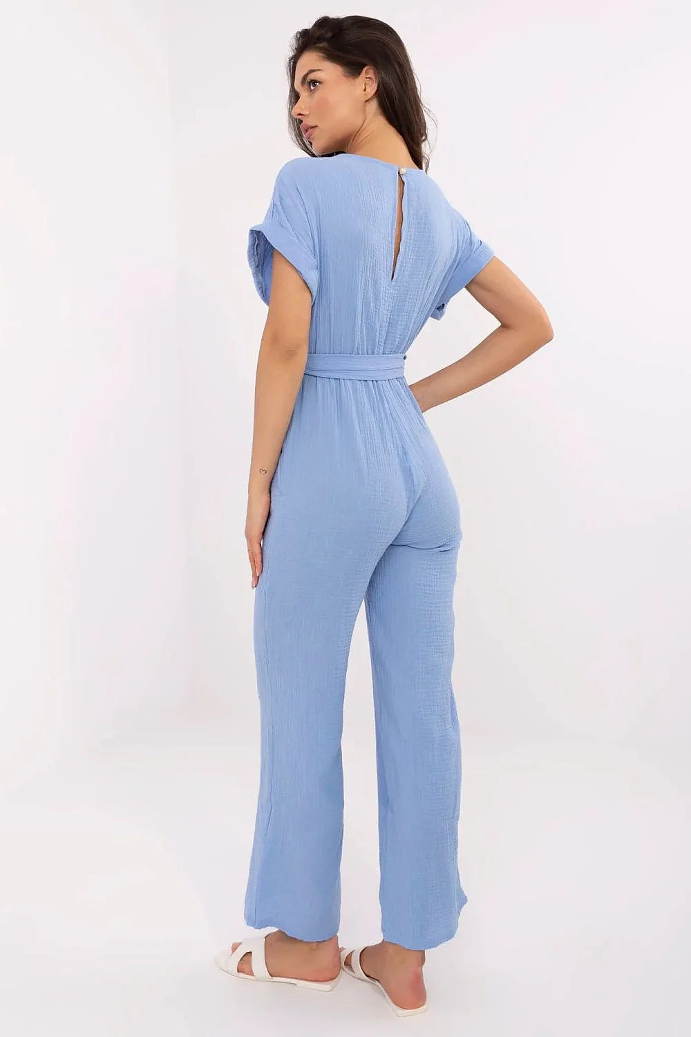 Combinaison pour femmes style cache-cœur en coton gaufré bleu pastel longue manches courtes ceinture ajustable occasionnels décontractés été