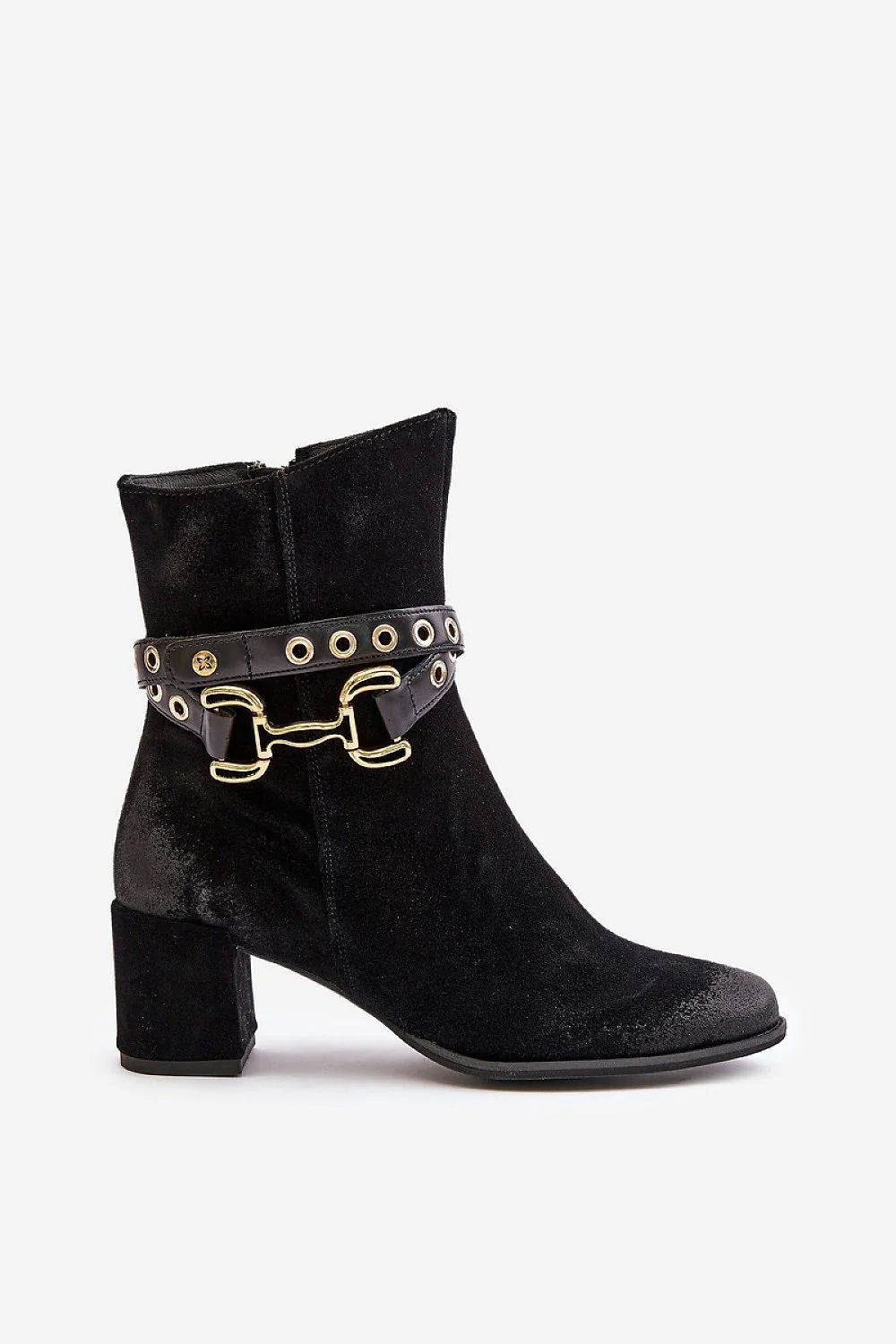 Bottines pour femmes en cuir suédé noir, style moderne élégant, sangle dorée, talon carré, coupe ajustée, confortable, Maciejka