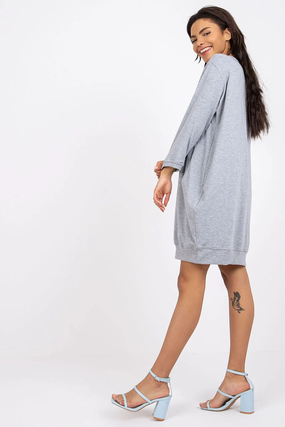 Robe décontractée femme en coton élasthanne gris ample manches longues poches confort maison détente