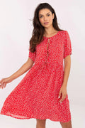 Robe d'été élégante et décontractée en rouge vif avec pois blancs A-line élastique taille ajustable manches courtes col rond à nouer polyester non transparent femme