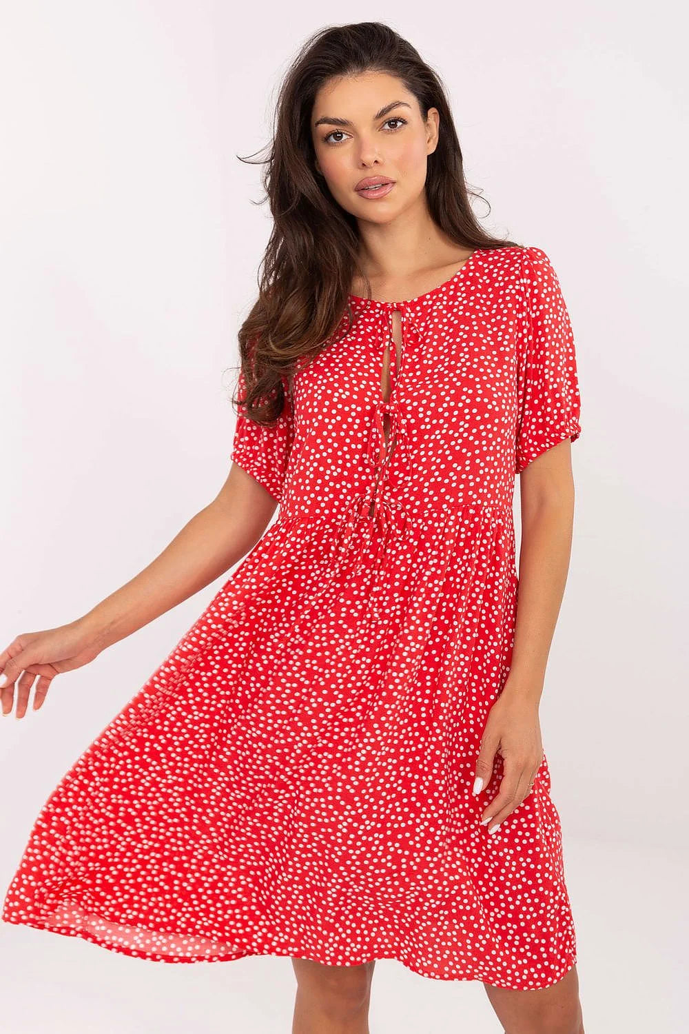 Robe d'été élégante et décontractée en rouge vif avec pois blancs A-line élastique taille ajustable manches courtes col rond à nouer polyester non transparent femme