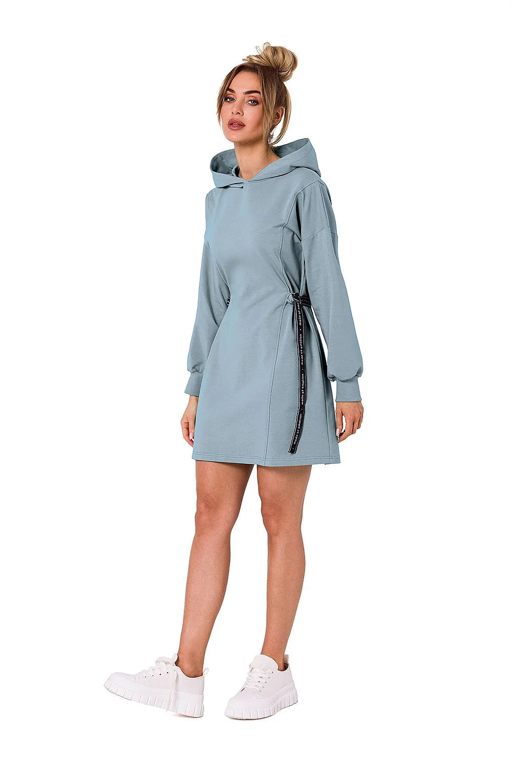 robe sweat capuche femme vert vif molleton doux coupe droite ample manches ballon poignets bords côtes cordon réglable taille