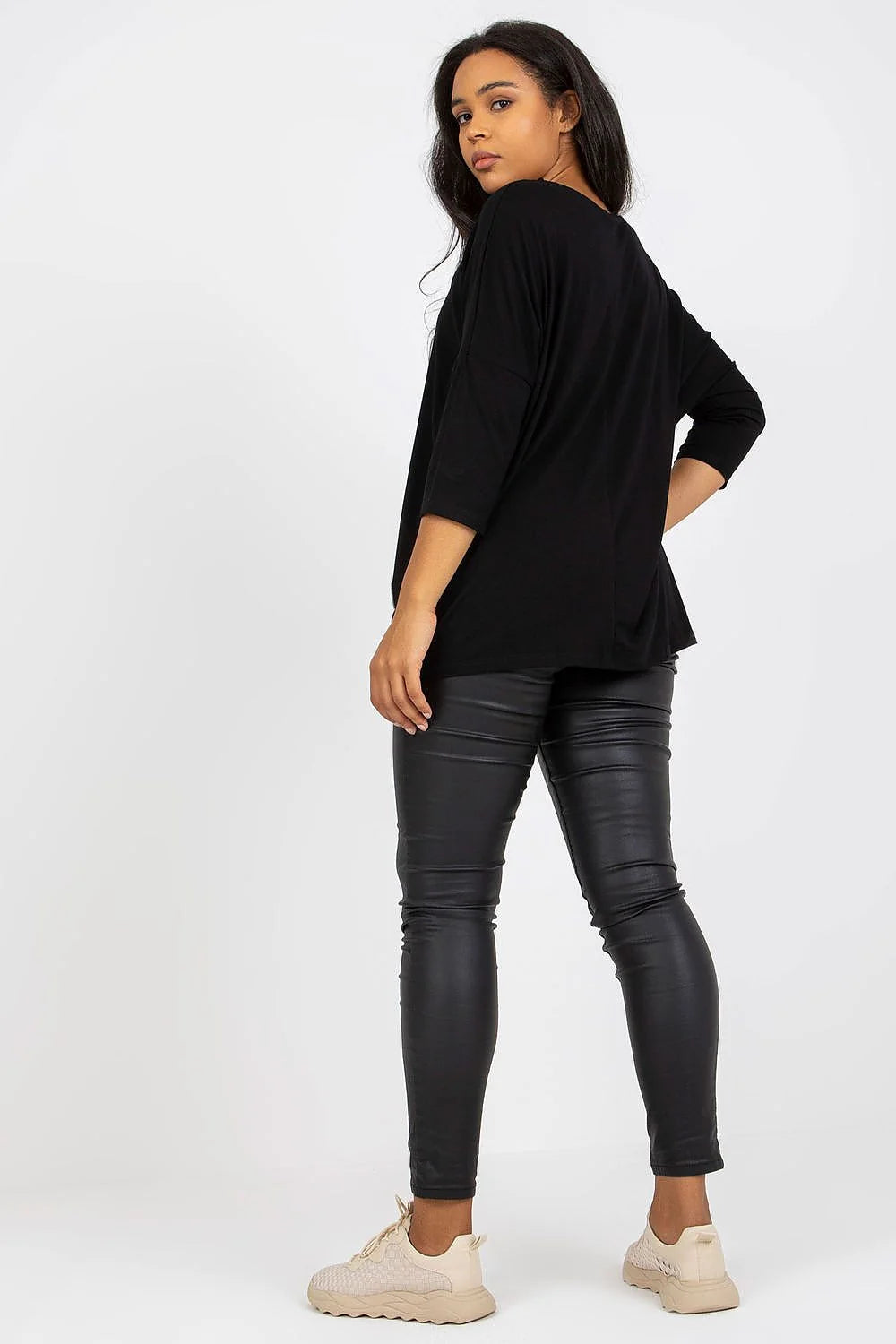 chemisier femme grande taille manches trois quarts encolure bateau coupe loose coton elasthanne noir confortable élégant respirant doux stretch résistant