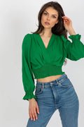 Chemisier moderne élégant coupe crop décolleté V manches longues bouffantes taille élastiquée vert vif polyester finitions soignées femme mode