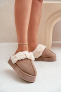 mules taupe suédine fourrure crème plateforme 4cm semelle crantée confortable bout fermé arrondi couture apparente cosy chic décontracté