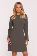robe trapèze mi longue manches longues encolure ronde haut ajusté pattes décoratives boutons dorés jupe évasée kaki professionnelle