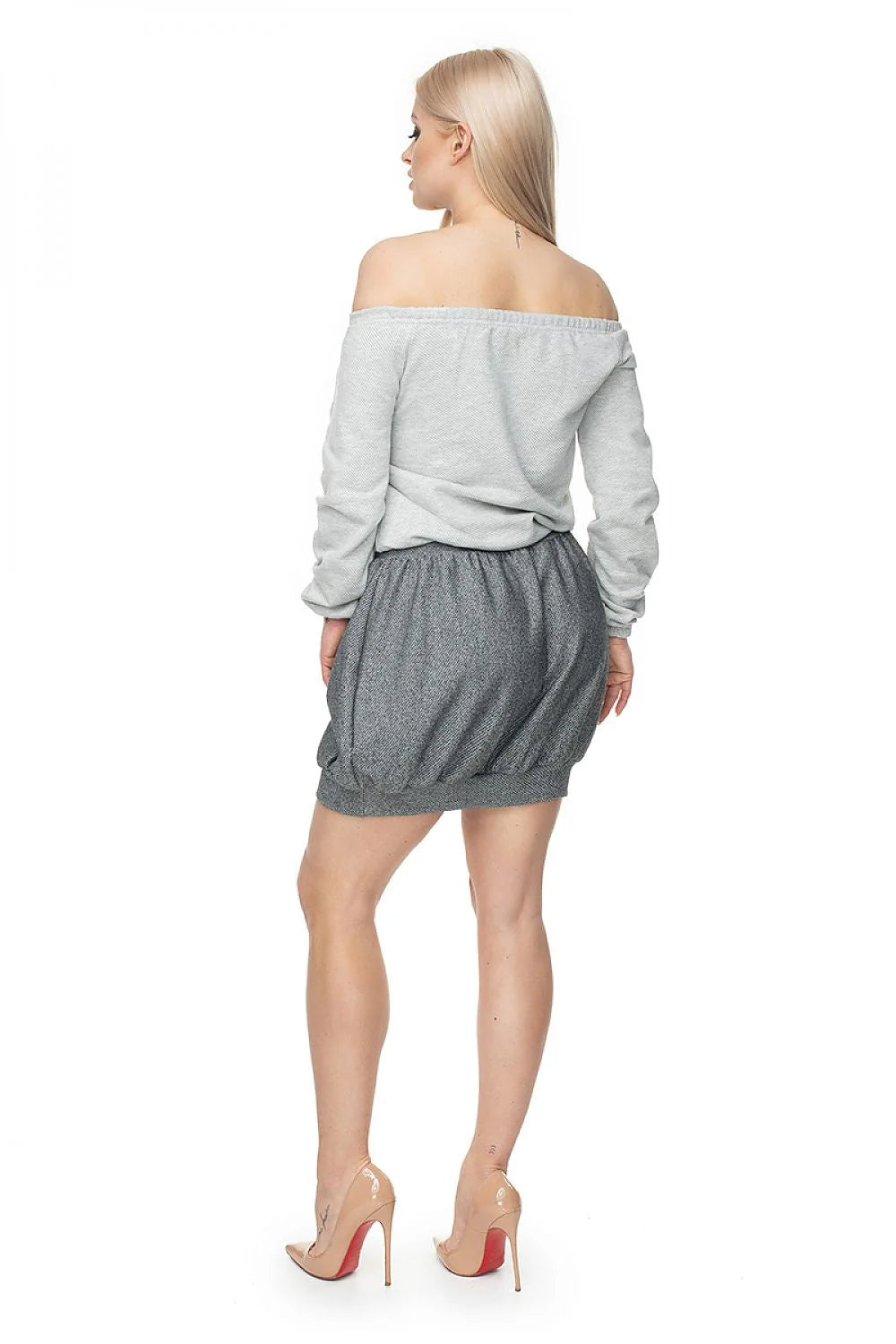 jupe courte pee ka boo coton élasthanne extensible coupe bombardier taille élastique cordon blanc ourlet boule bicolore gris casual chic