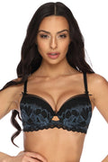 Soutien-gorge push-up dentelle tulle brodé bleu marine élégant confortable bretelles ajustables matelas amovibles