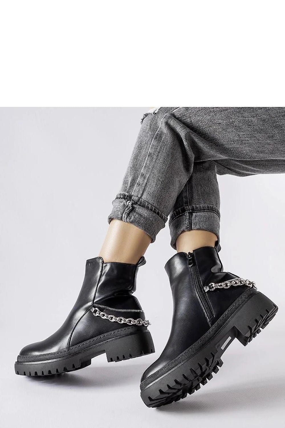 Bottines pour femme design audacieux cuir noir chaîne argentée talon plat semelle épaisse fermeture éclair
