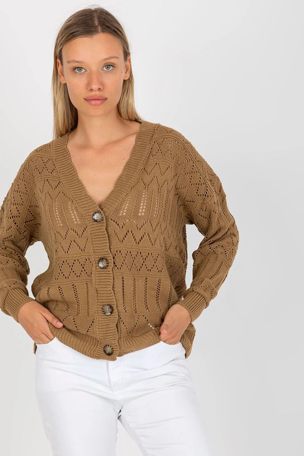 cardigan femme maille ajourée pointelle ivoire gilet boutonné colV coupe relaxed oversize tricot léger bordures côtelées boutons écaille