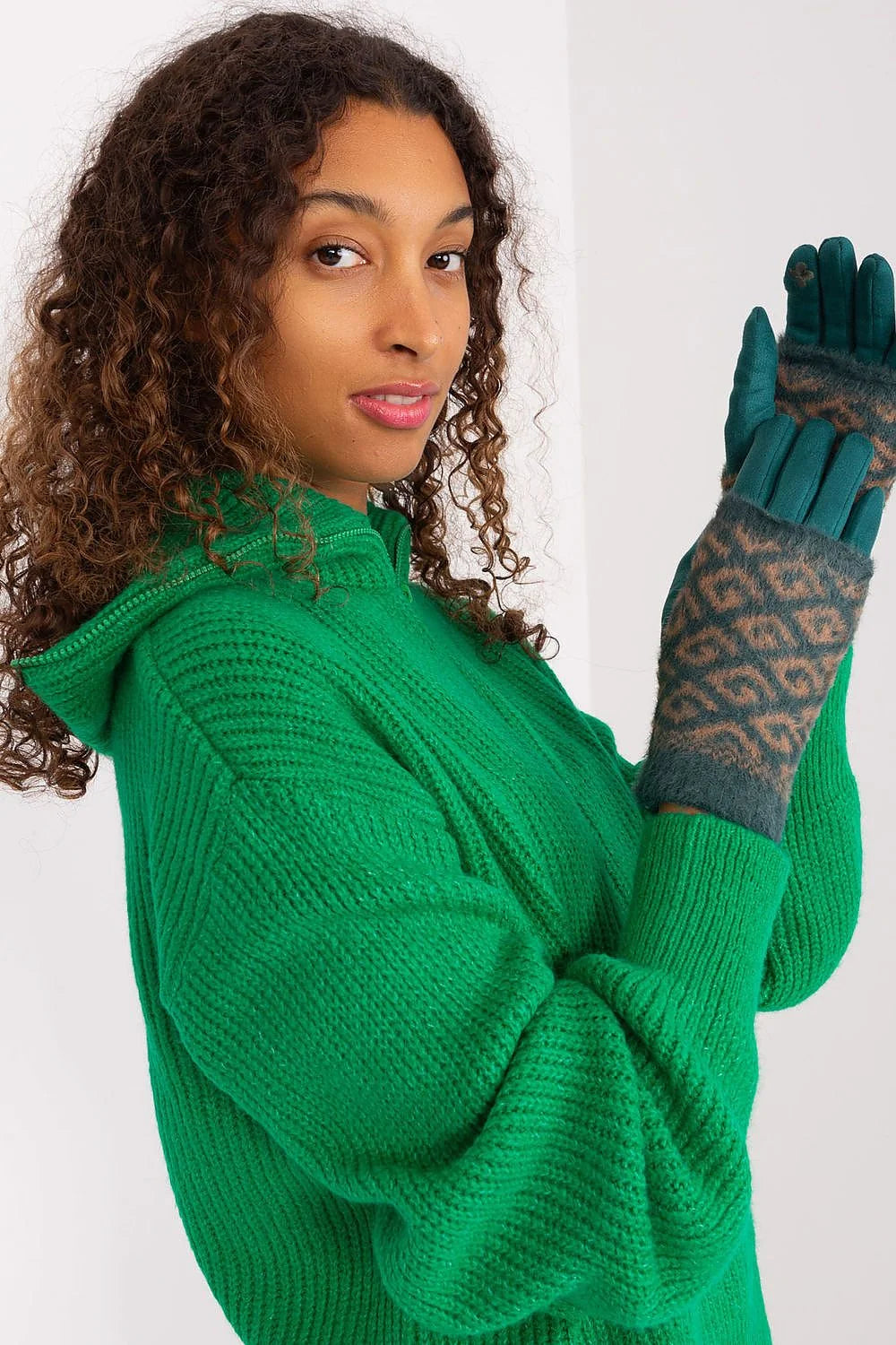 Gants et pull pour femmes en laine douce, style jacquard, motif géométrique, couleur bleu sarcelle et marron clair, pull à col montant et fermeture éclair