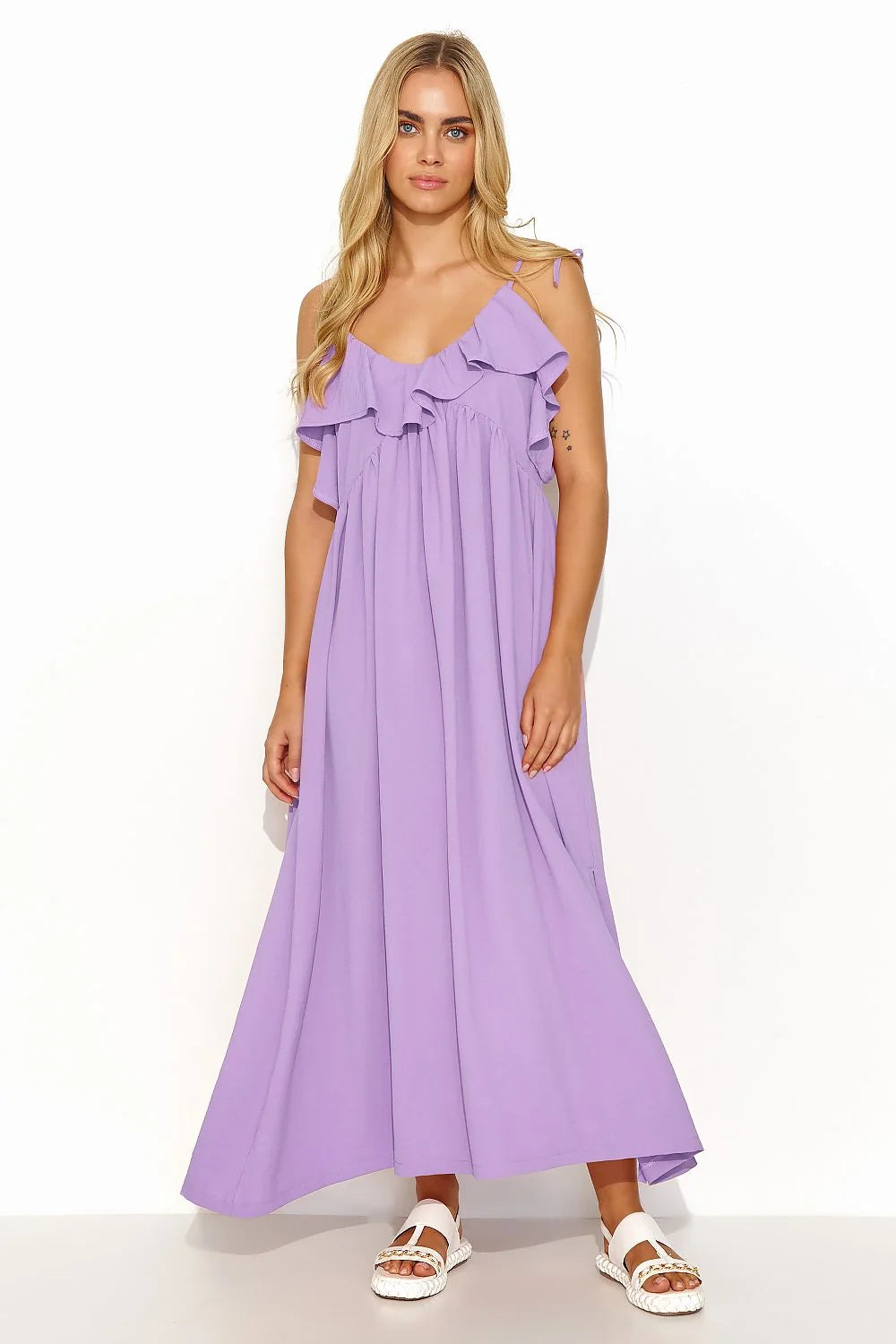 Robe de jour Makadamia longue oversize bretelles fines tissu fluide éclat subtil volant encolure dos nu bling bling été printemps