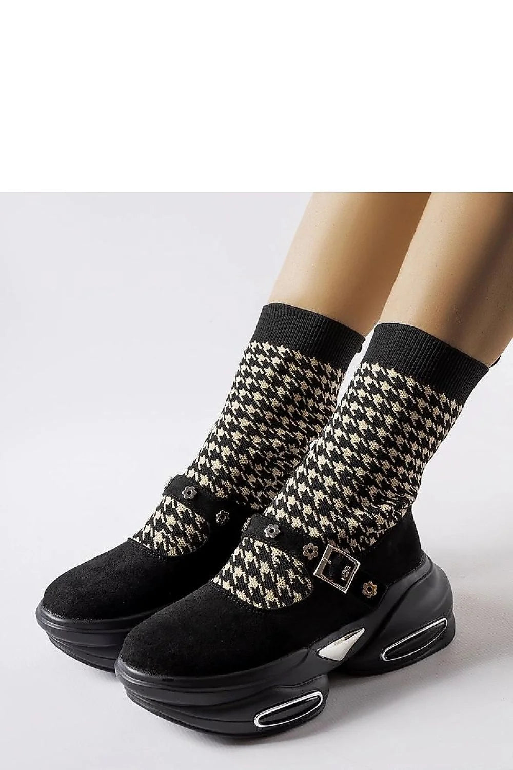 bottines femme stretch tricot ajustées pieddepoule noir beige semelle épaisse plateforme sculptée inserts argentés bride bouclée décorative fleurs rivets élégante