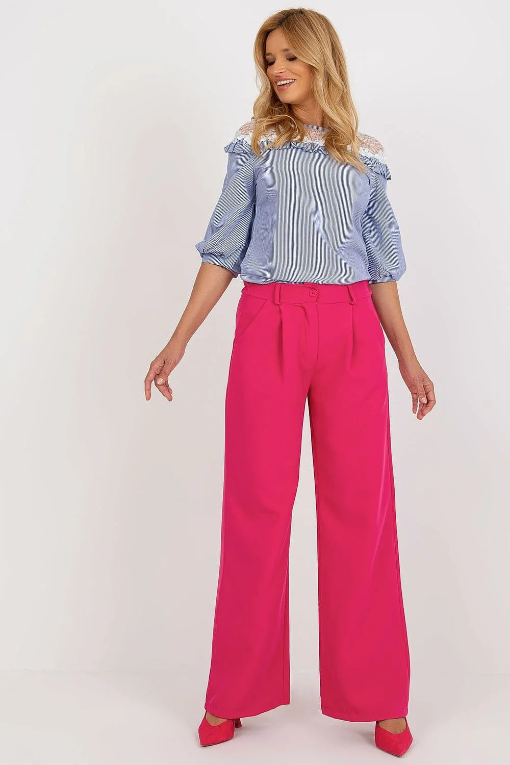 Pantalon femme style italien élégant plis hauteur taille poches zippées couleur rose vif polyester elasthanne