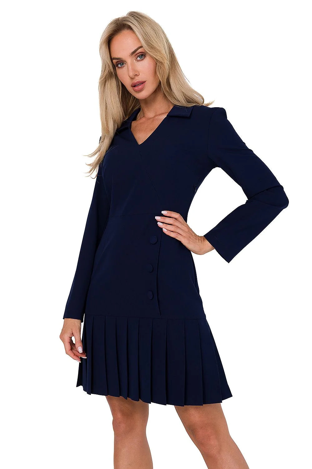 robe jour élégante manches longues col V bleu marine taille ajustable cintrée tailleur blazer courte plissée boutons recouverts structurée polonaise